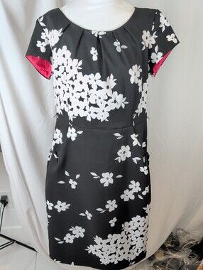 CLEO Black White Floral Sheath Dress Size 14 Vibrant Pink Lining Pockets